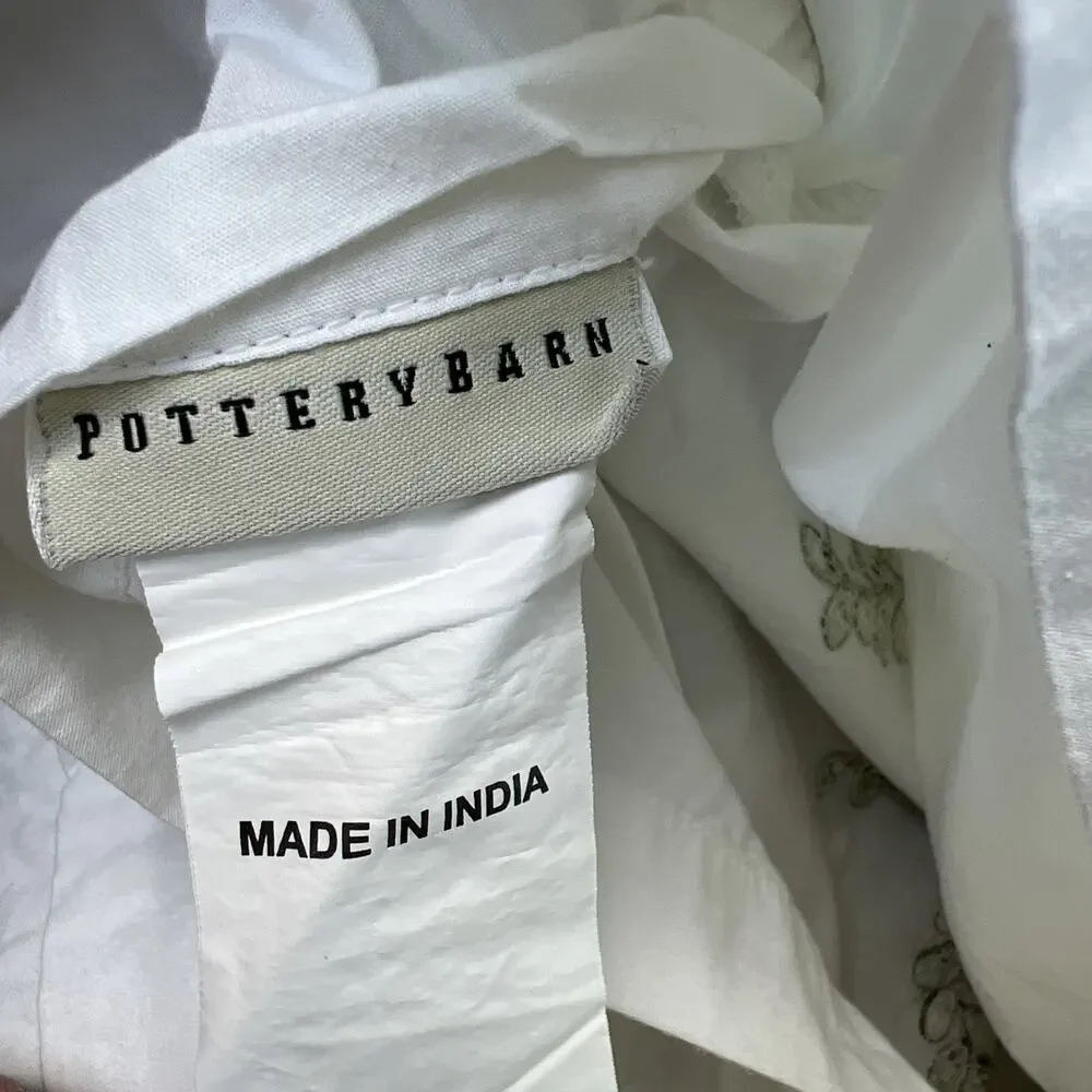 Pottery Barn Floral Embroidered Green Fern White Duvet Cover Botanical Queen